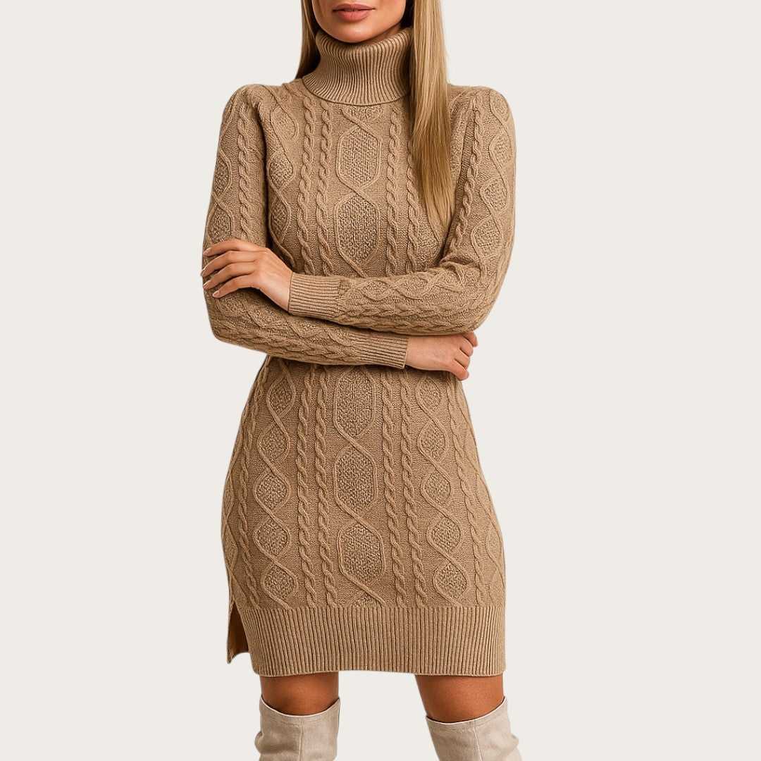 Damska Dzianinowa Sukienka Z Wysokim Kołnierzem | Zima