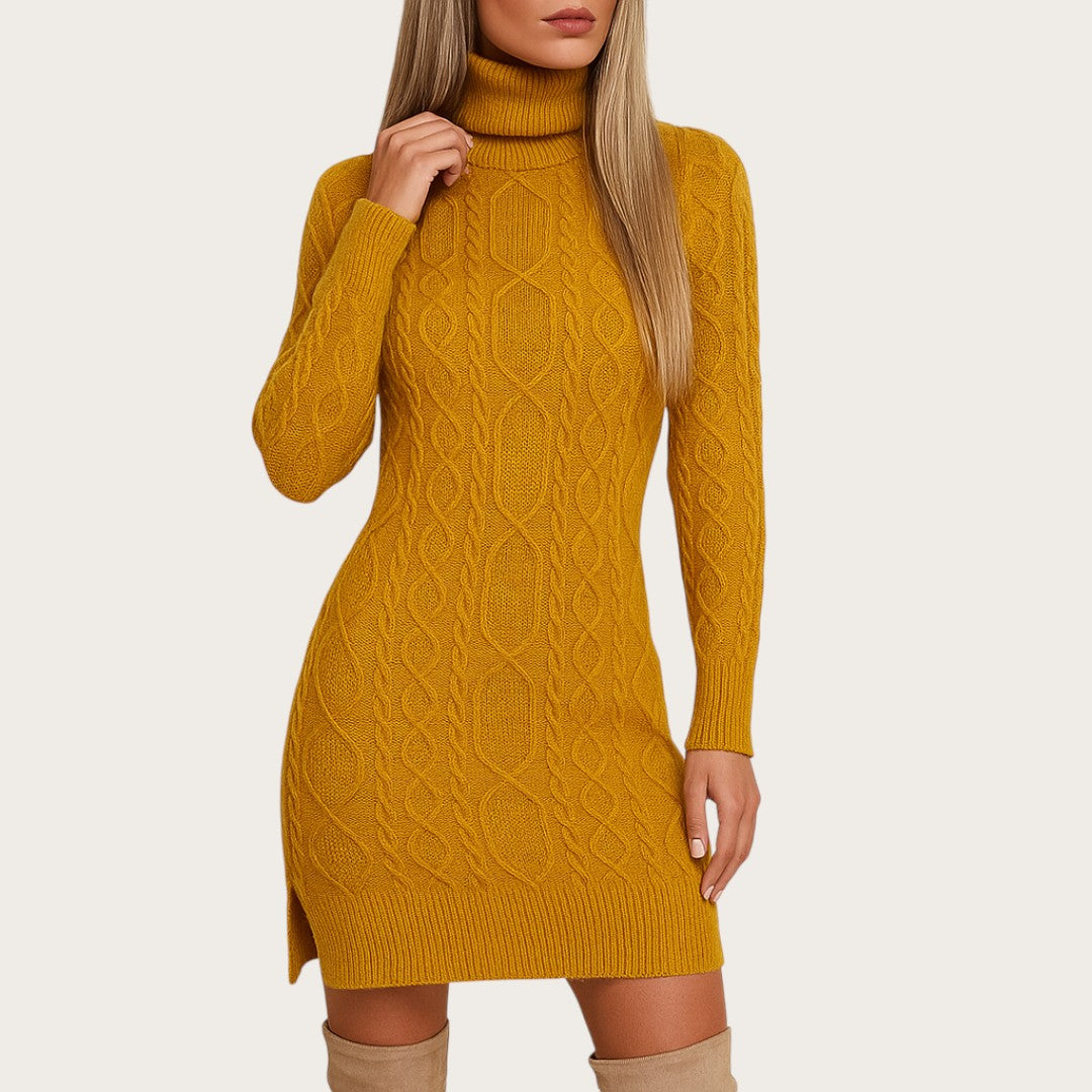 Damska Dzianinowa Sukienka Z Wysokim Kołnierzem | Zima