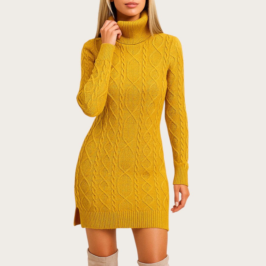 Damska Dzianinowa Sukienka Z Wysokim Kołnierzem | Zima
