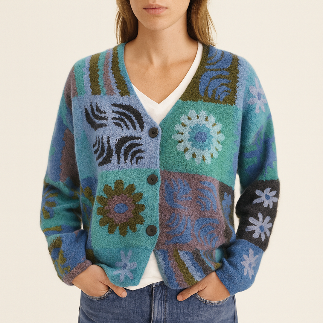 Damski Kardigan W Kwiatowy Wzór Z Dekoltem V | Z Guzikami