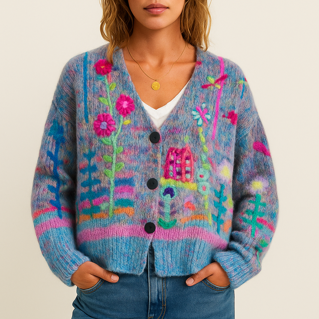 Damski Kardigan W Kwiatowy Wzór Z Dekoltem V | Z Guzikami