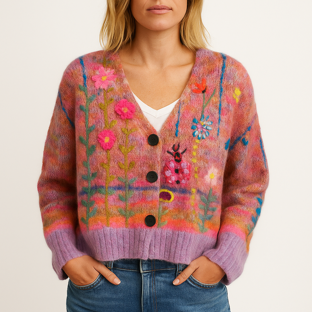 Damski Kardigan W Kwiatowy Wzór Z Dekoltem V | Z Guzikami