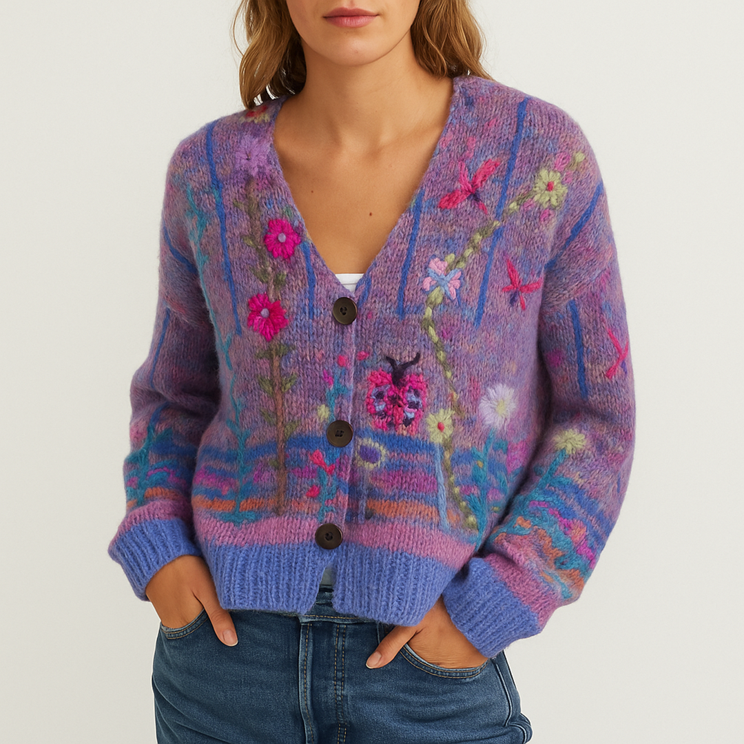 Damski Kardigan W Kwiatowy Wzór Z Dekoltem V | Z Guzikami