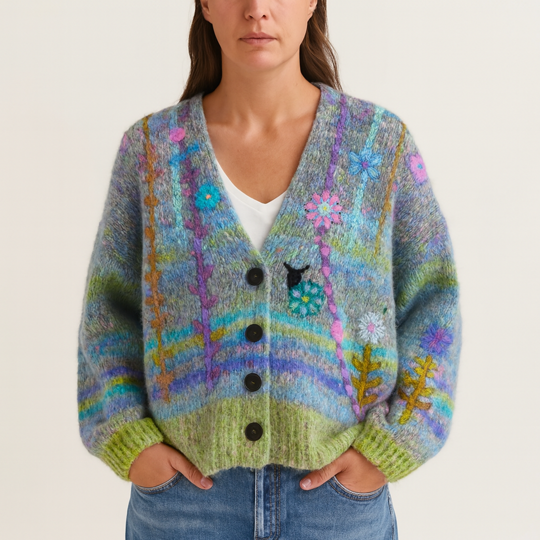 Damski Kardigan W Kwiatowy Wzór Z Dekoltem V | Z Guzikami