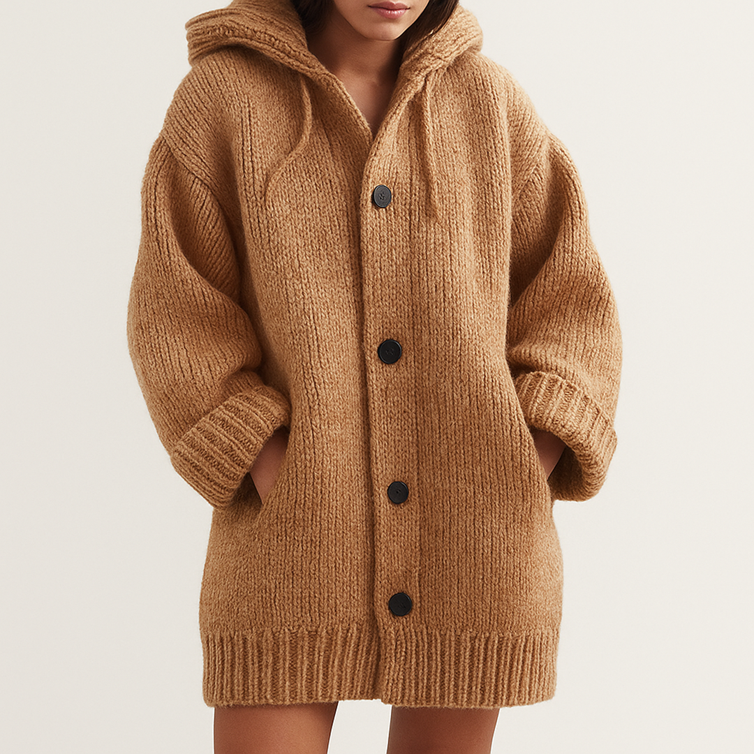 Długi Damski Kardigan Z Kapturem | Z Guzikami