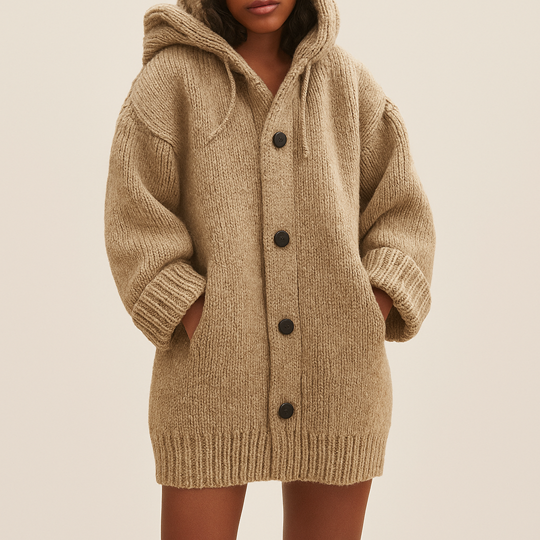 Długi Damski Kardigan Z Kapturem | Z Guzikami