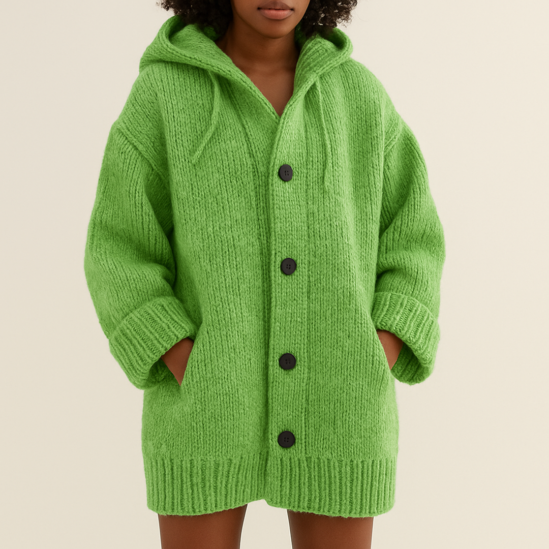 Długi Damski Kardigan Z Kapturem | Z Guzikami