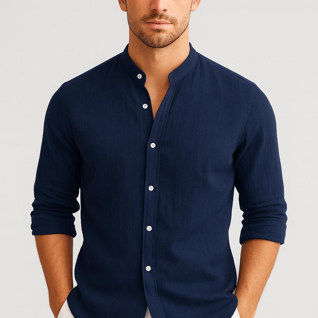 Koszula lniana ze stójką i długimi rękawami – lekka tkanina i luźny krój