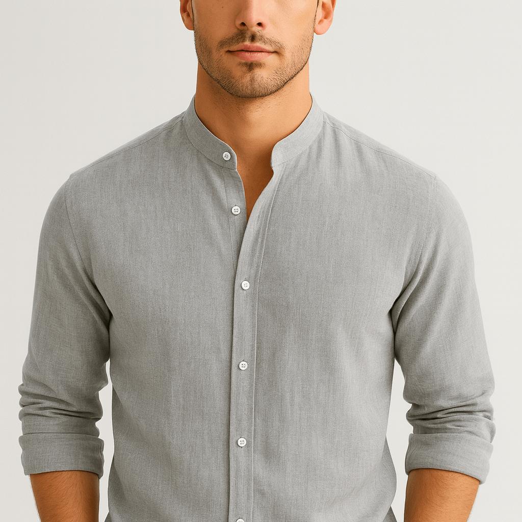 Koszula lniana ze stójką i długimi rękawami – lekka tkanina i luźny krój