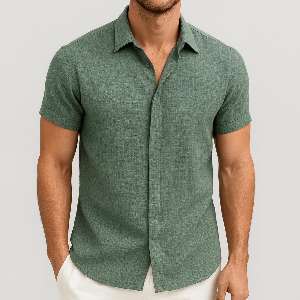 Koszula męska z krótkim rękawem z mieszanki lnu i zapięciem na guziki – luźny krój