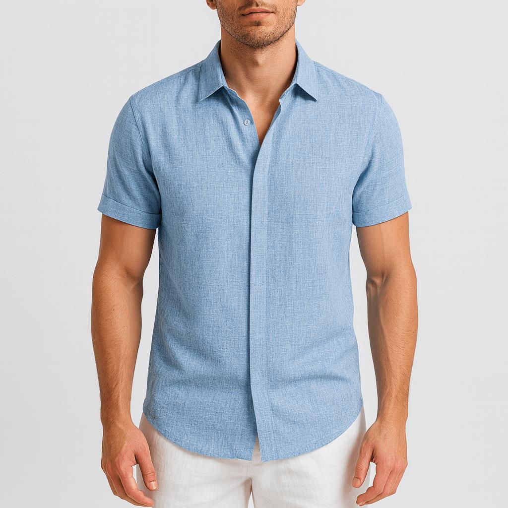Koszula męska z krótkim rękawem z mieszanki lnu i zapięciem na guziki – luźny krój