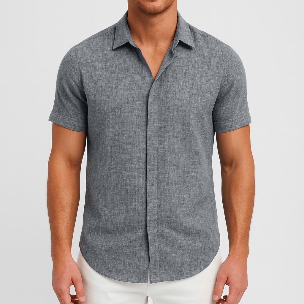 Koszula męska z krótkim rękawem z mieszanki lnu i zapięciem na guziki – luźny krój