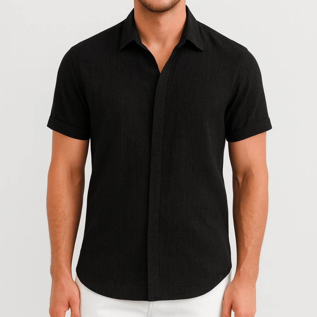 Koszula męska z krótkim rękawem z mieszanki lnu i zapięciem na guziki – luźny krój