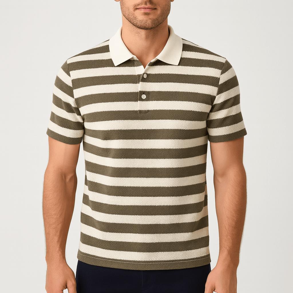 Koszulka polo z prążkowanej dzianiny z paskami w stylu retro i kontrastowym kołnierzykiem