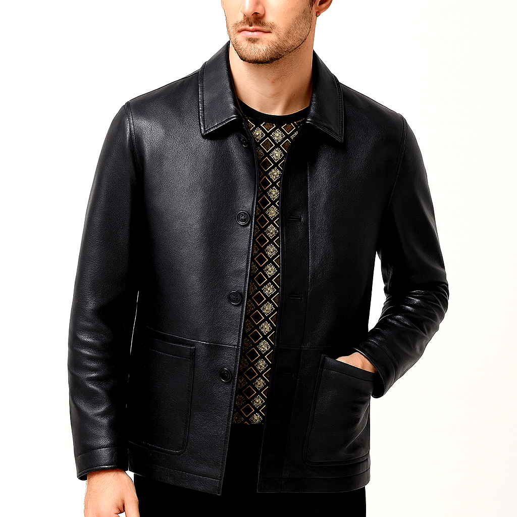 Kurtka skórzana średniej długości dla mężczyzn – styl z teksturą w kratkę