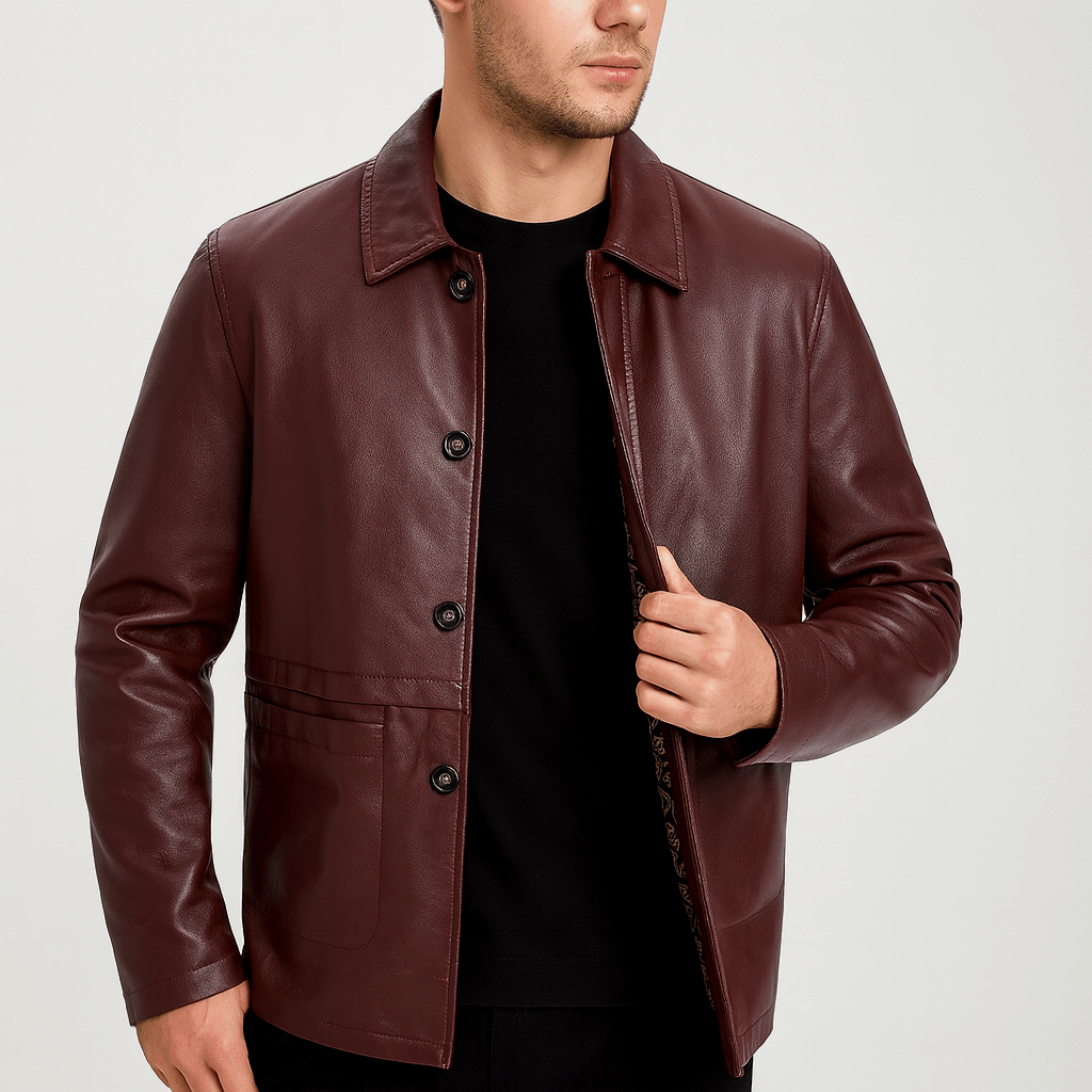 Kurtka skórzana średniej długości dla mężczyzn – styl z teksturą w kratkę