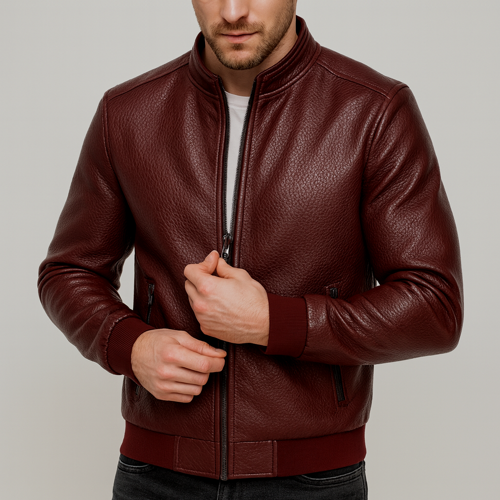 Kurtka skórzana włoska ze strukturą dla mężczyzn - warstwa miejska
