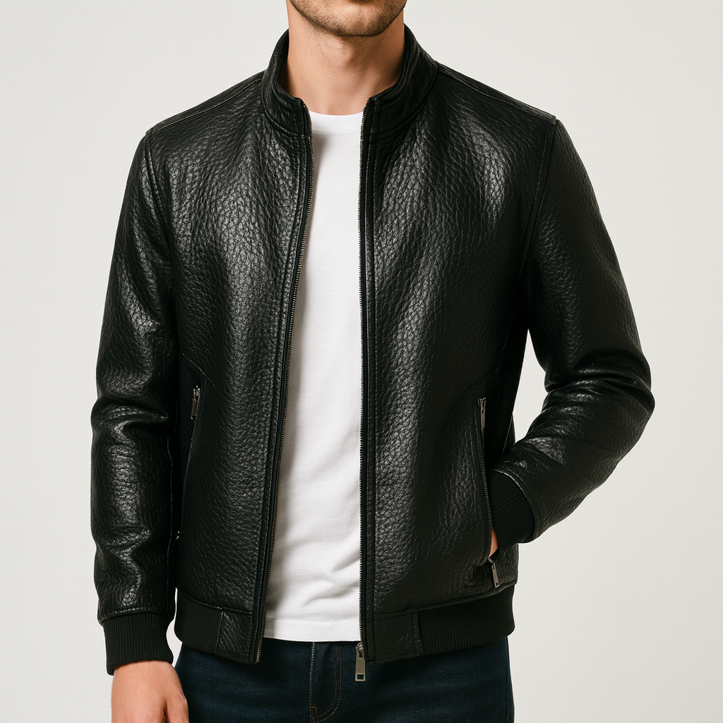 Kurtka skórzana włoska ze strukturą dla mężczyzn - warstwa miejska