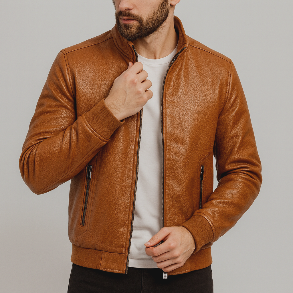 Kurtka skórzana włoska ze strukturą dla mężczyzn - warstwa miejska