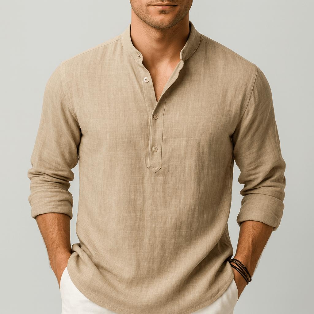 Luźna letnia koszula lniana z klasycznym kołnierzykiem i listwą guzikową