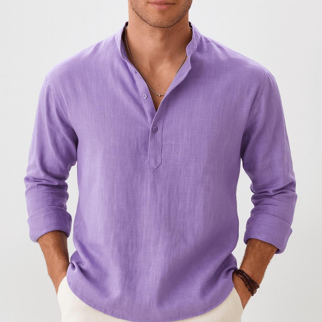 Luźna letnia koszula lniana z klasycznym kołnierzykiem i listwą guzikową