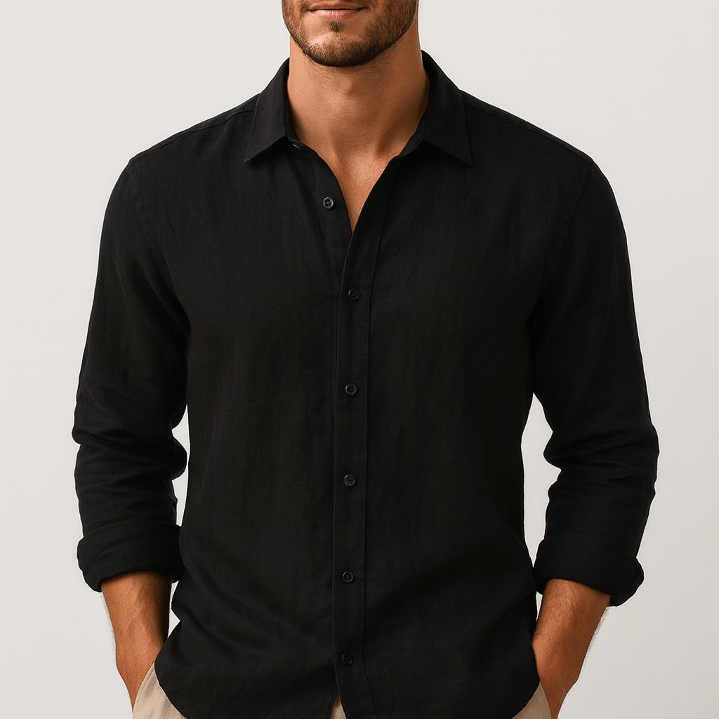 Luźna letnia koszula lniana z klasycznym kołnierzykiem i listwą guzikową