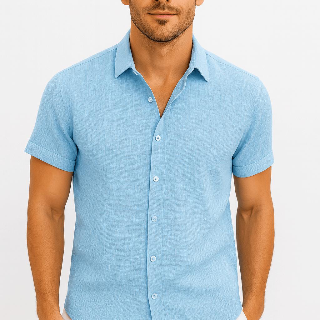 Luźna letnia koszula z krótkimi rękawami i kołnierzykiem, przewiewna tkanina