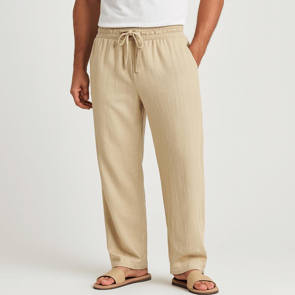 Luźne spodnie męskie z bawełny i lnu ze ściągaczem – oddychające i wygodne