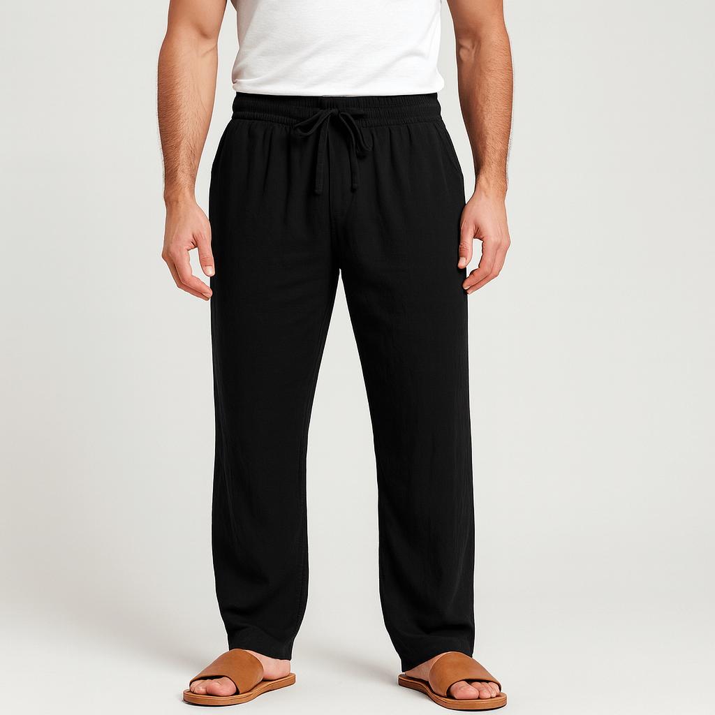 Luźne spodnie męskie z bawełny i lnu ze ściągaczem – oddychające i wygodne