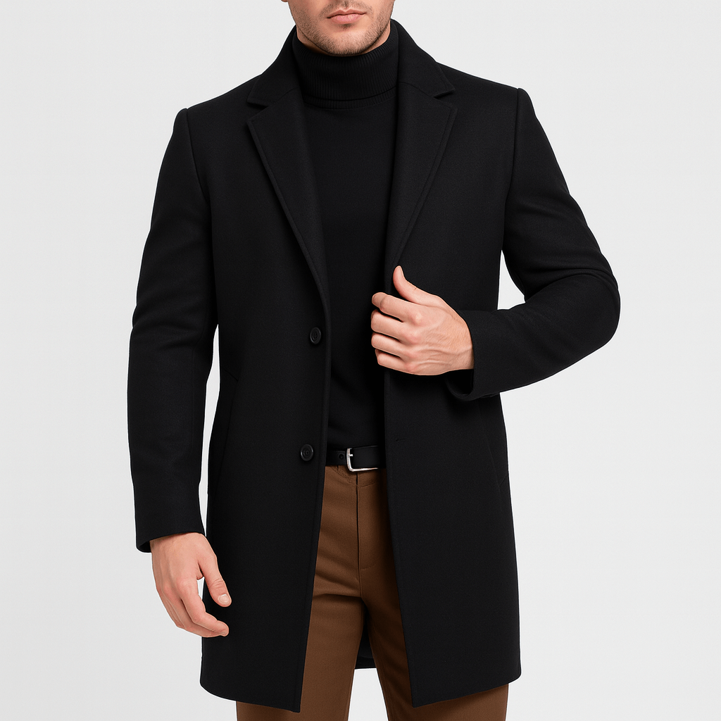 Elegancki płaszcz z kołnierzem stojącym, regulowany pasek, praktyczne kieszenie