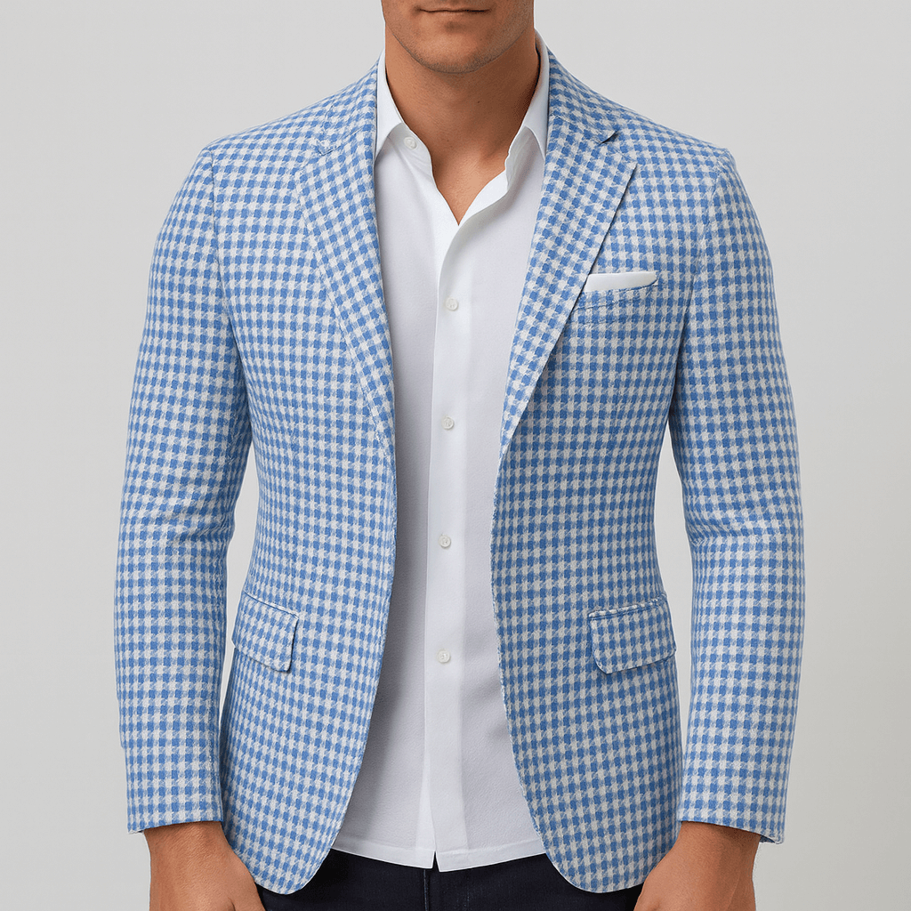 Niebieska dzianinowa marynarka w pepitkę