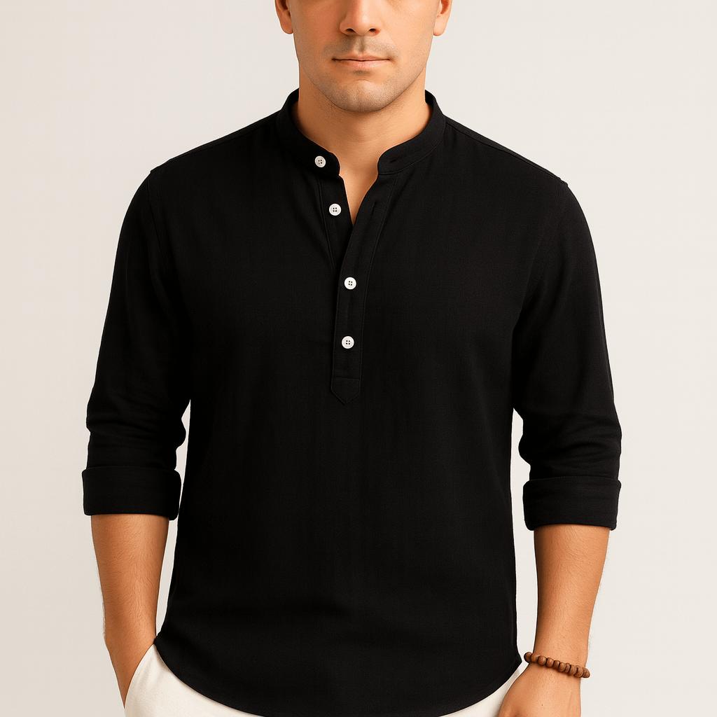 Oddychająca lniana koszula ze stójką i zapięciem na guziki – męska koszula letnia