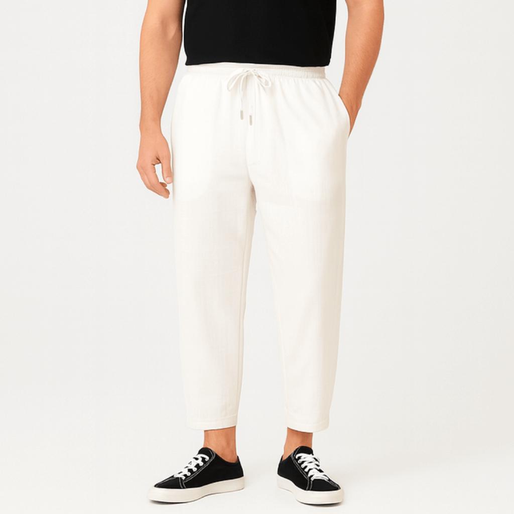 Spodnie skrócone z lnu i bawełny, zwężane, z regulowanym ściągaczem dla mężczyzn