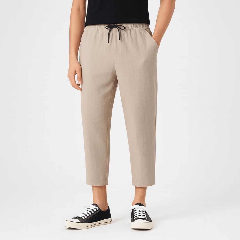 Spodnie skrócone z lnu i bawełny, zwężane, z regulowanym ściągaczem dla mężczyzn