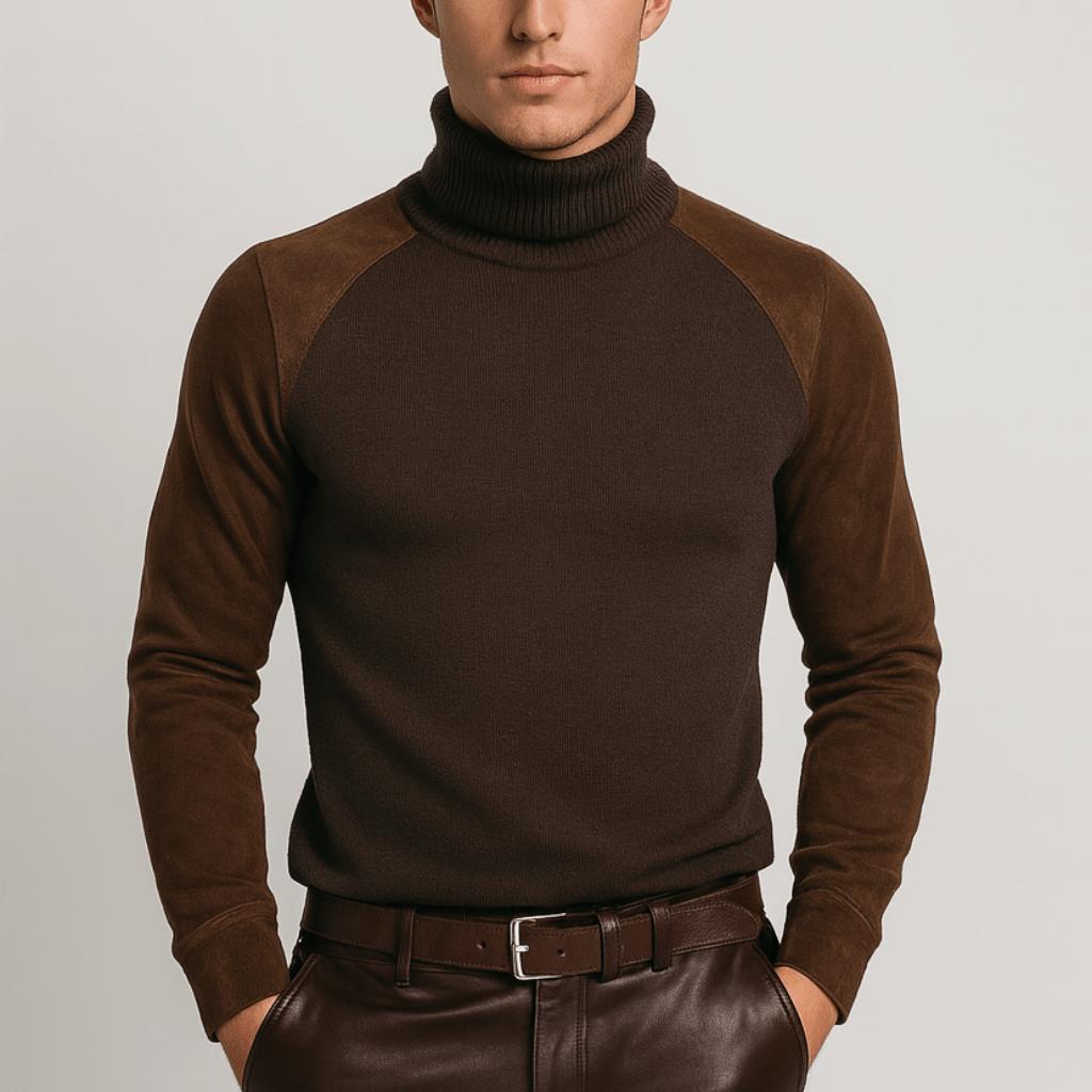 Sweter z długim rękawem i golfem z dzianiny zamszowej dla mężczyzn