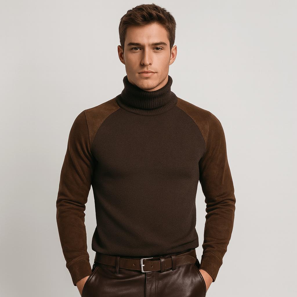 Sweter z długim rękawem i golfem z dzianiny zamszowej dla mężczyzn