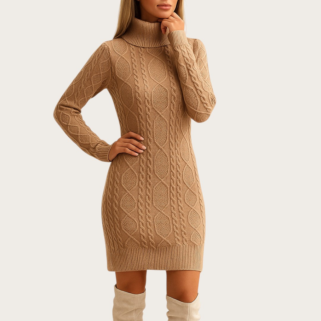 Damska Dzianinowa Sukienka Z Wysokim Kołnierzem | Zima