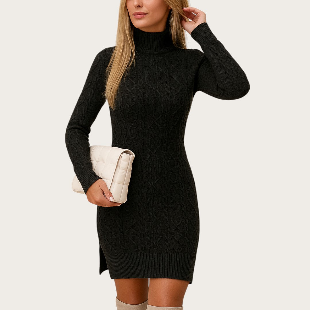 Damska Dzianinowa Sukienka Z Wysokim Kołnierzem | Zima