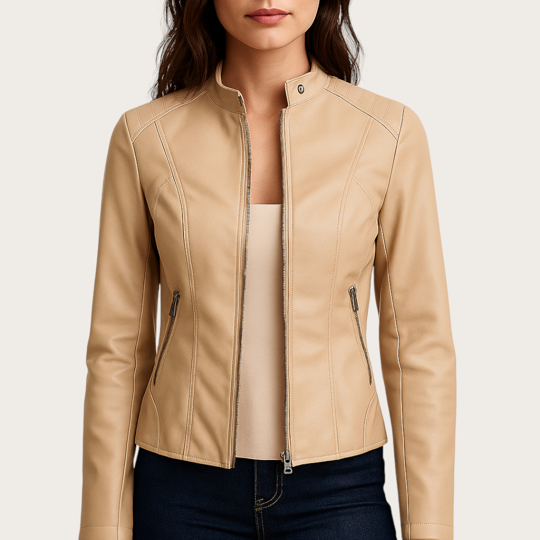 Damska Skórzana Kurtka Z Zamkiem | Długi Rękaw