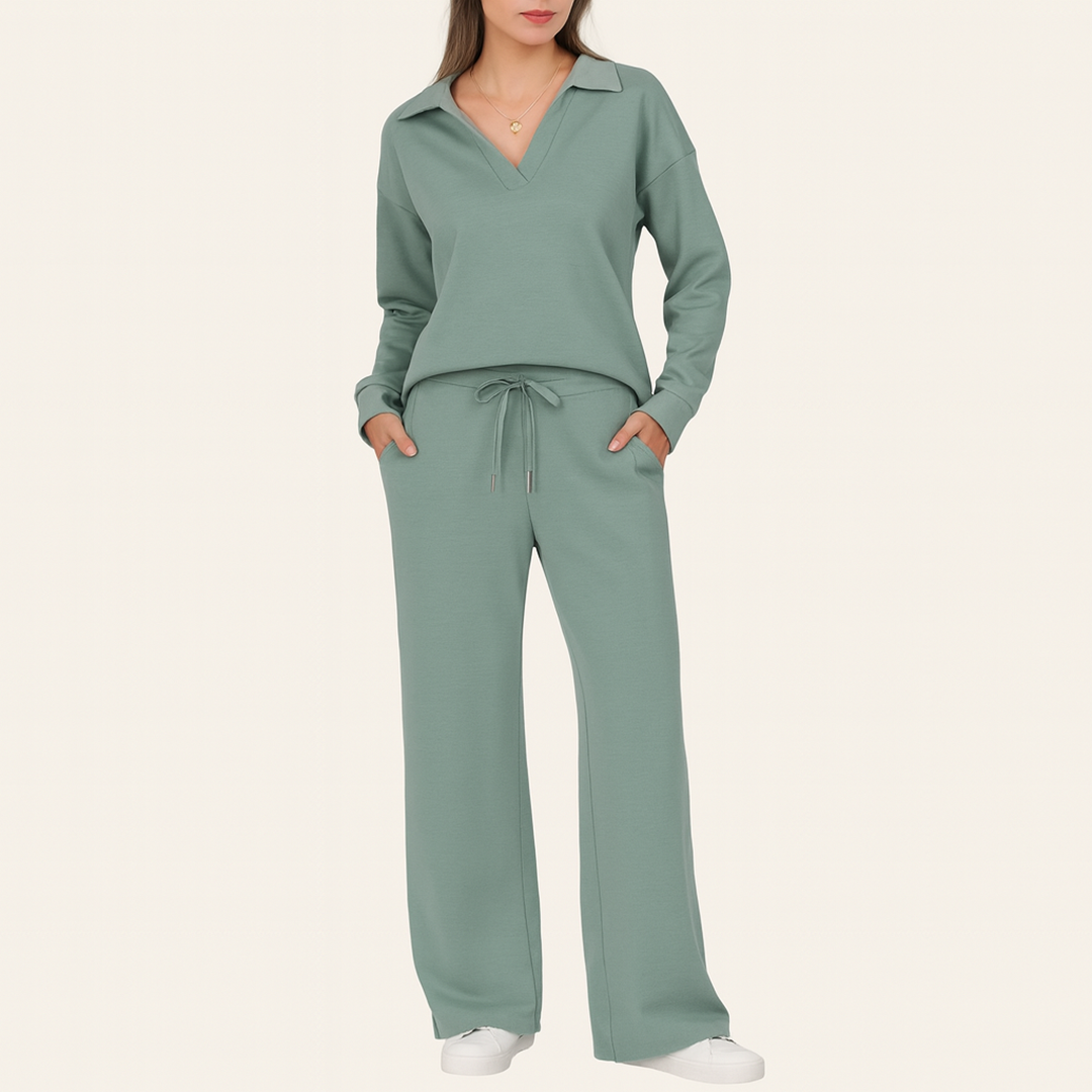 Damski Dwuczęściowy Zestaw Z Szerokimi Spodniami | Dekolt V