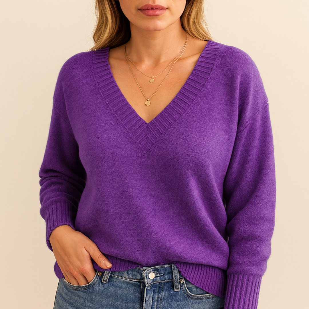 Damski Stylowy Dzianinowy Sweter | Dekolt V