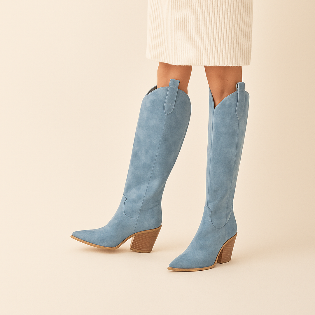 Damskie Zimowe Kozaki Kowbojskie Do Kolan | Niebieskie