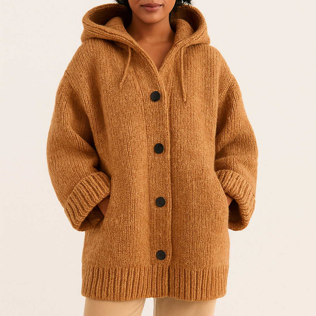 Długi Damski Kardigan Z Kapturem | Z Guzikami