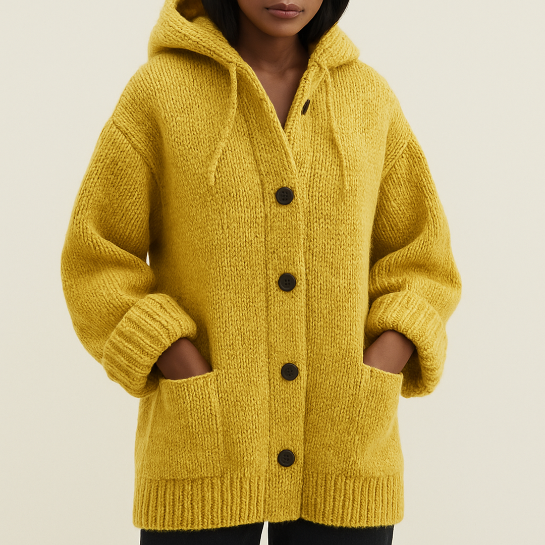 Długi Damski Kardigan Z Kapturem | Z Guzikami