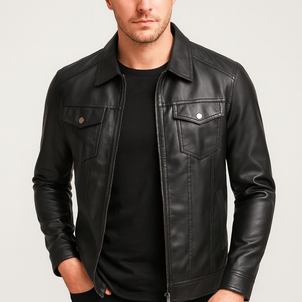 Elegancka skórzana kurtka męska z klapami w kształcie litery V – wygodny krój
