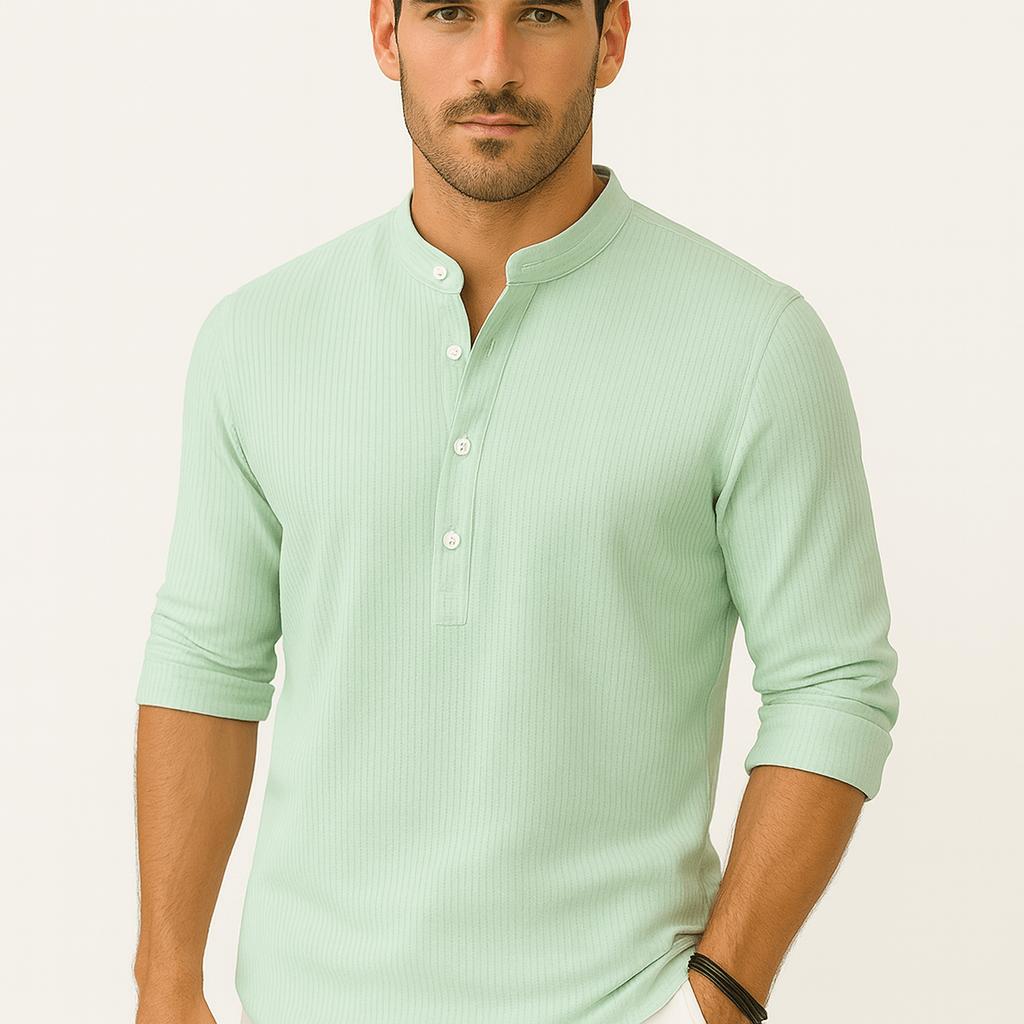 Koszula lniana przewiewna ze stójką i podwiniętymi rękawami – koszula letnia