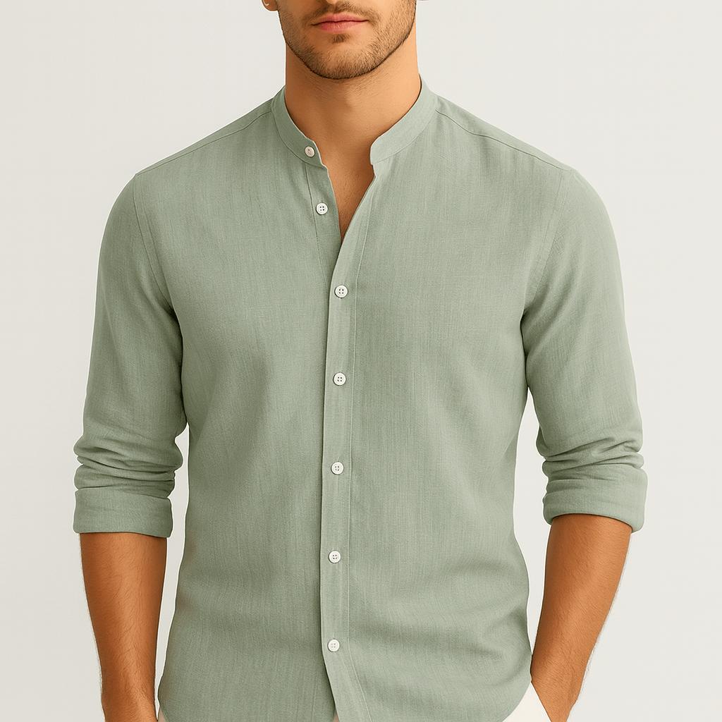 Koszula lniana ze stójką i długimi rękawami – lekka tkanina i luźny krój