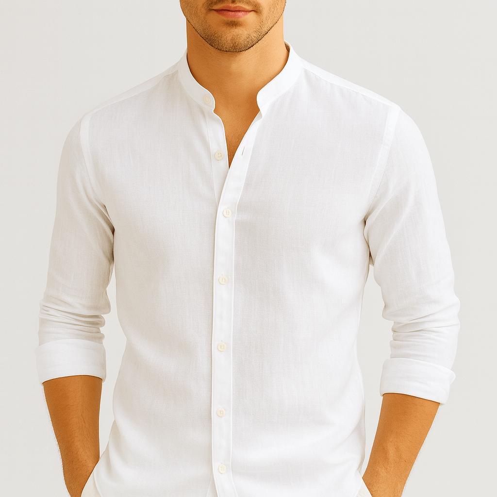 Koszula lniana ze stójką i długimi rękawami – lekka tkanina i luźny krój