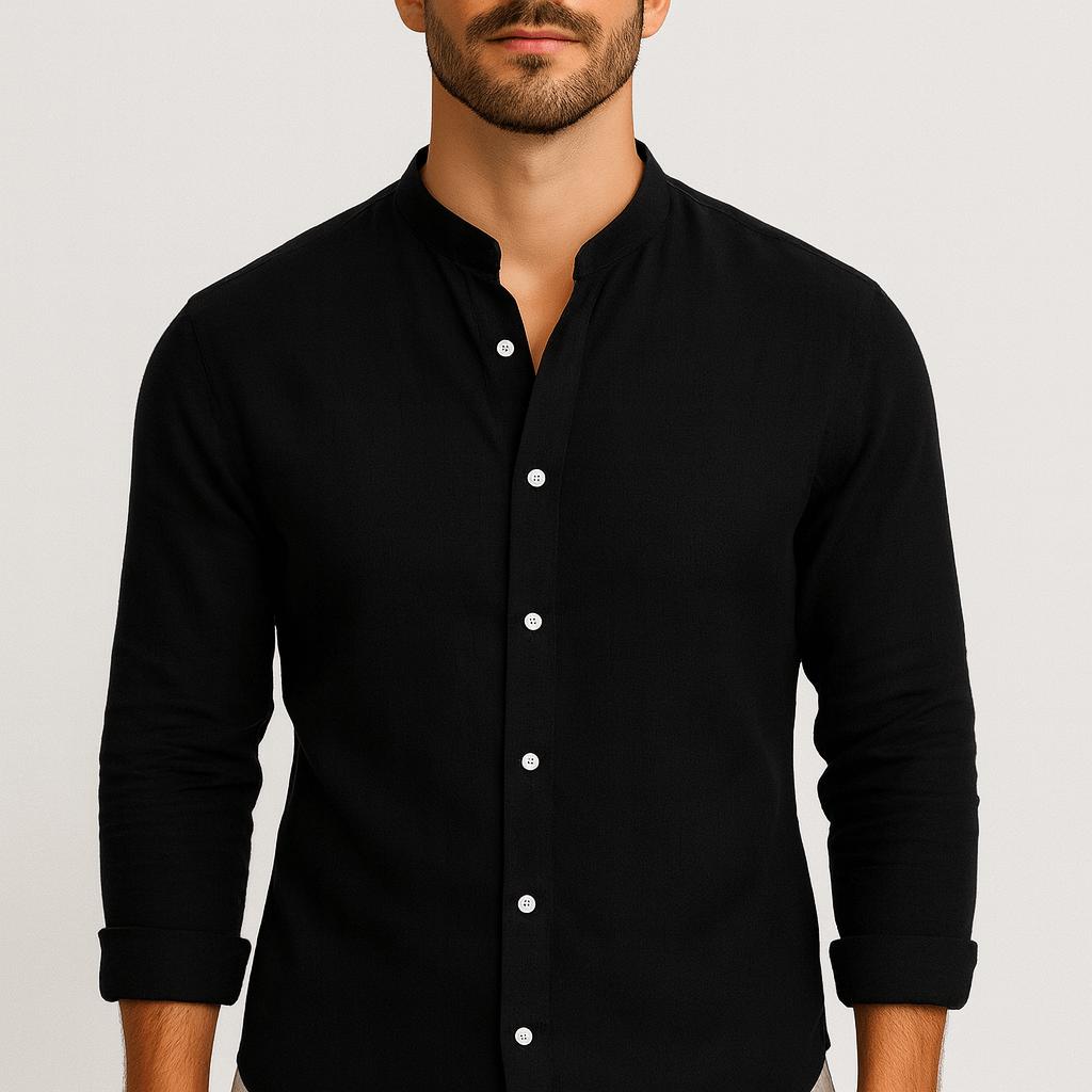 Koszula lniana ze stójką i długimi rękawami – lekka tkanina i luźny krój