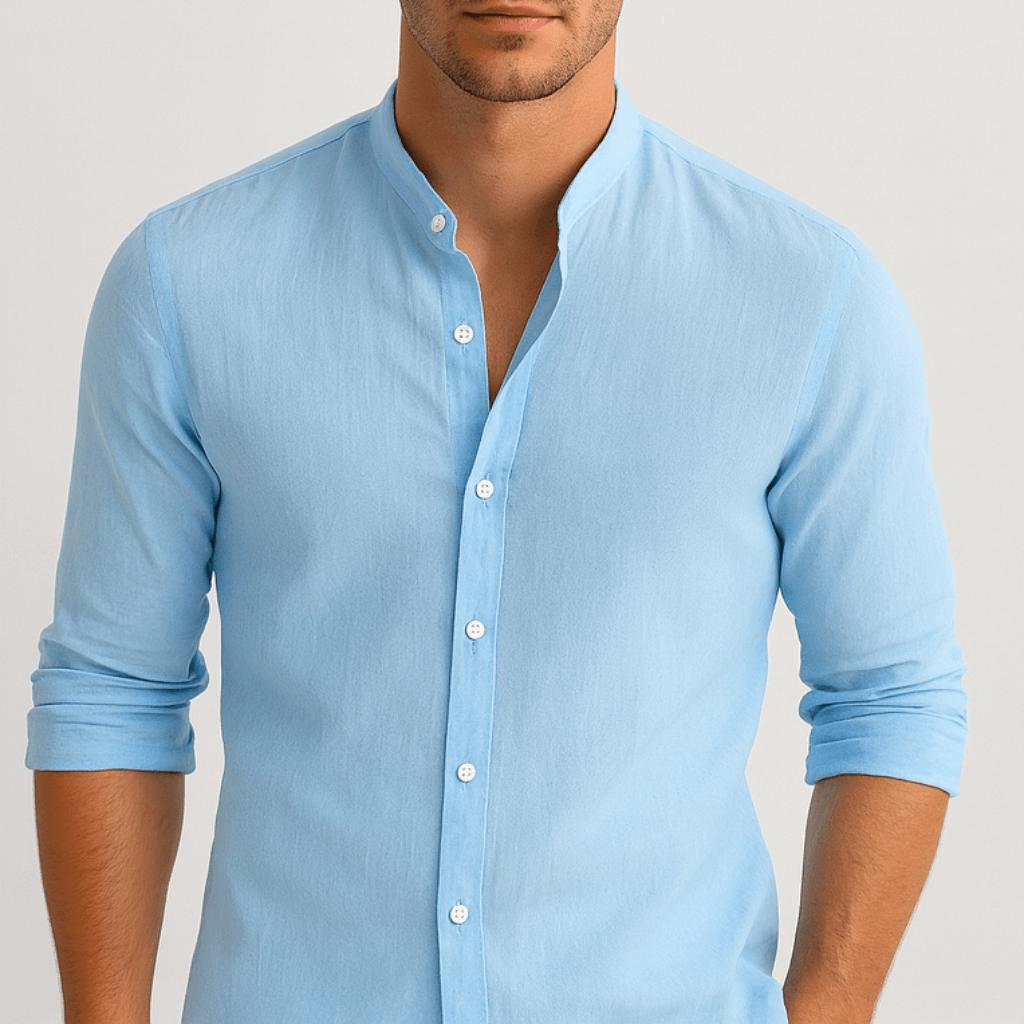 Koszula lniana ze stójką i długimi rękawami – lekka tkanina i luźny krój